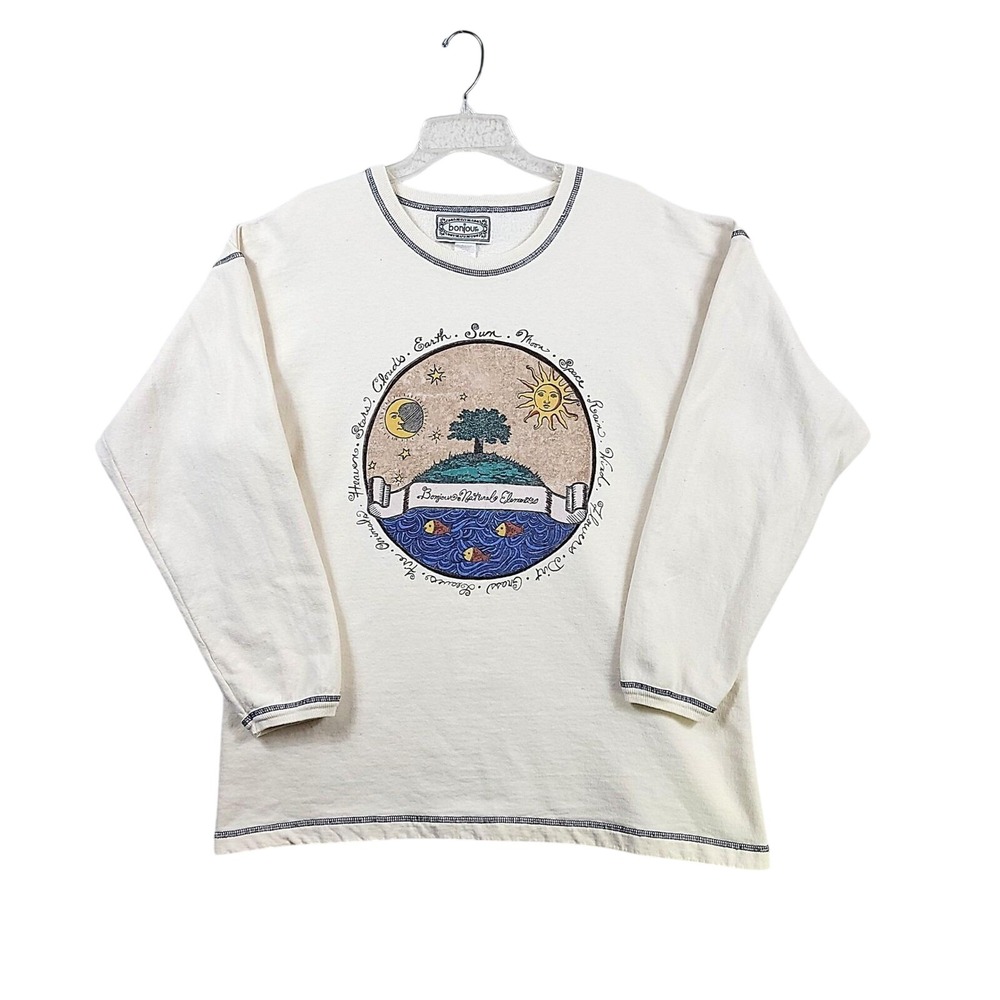 Bonjour Graphic Top Womens One Size Cream Celestial Natural Elements Vintage